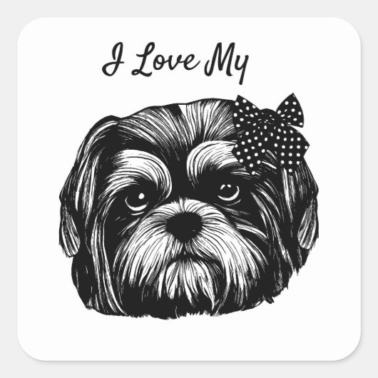 Shih Tzu Hund mit Polka dot bow Original Art Quadratischer Aufkleber (Vorderseite)