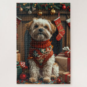 Shih Tzu Hund mit Weihnachtsgeschenken Kamin Puzzle