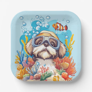 Shih Tzu Hund schnorchelt am Korallenriff Pappteller