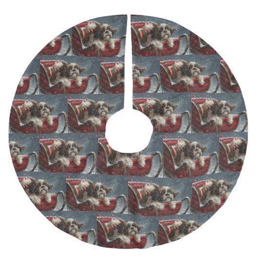 Shih Tzu Hund Weihnachtsfestlich Polyester Weihnachtsbaumdecke (Vorderseite)
