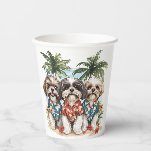 Shih Tzu Hunde tragen hawaiianische Shirts Pappbecher (Vorderseite)