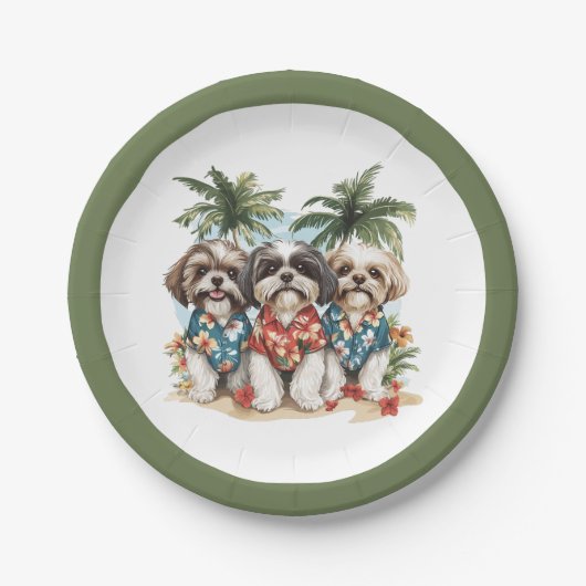 Shih Tzu Hunde tragen hawaiianische Shirts Pappteller (Vorderseite)