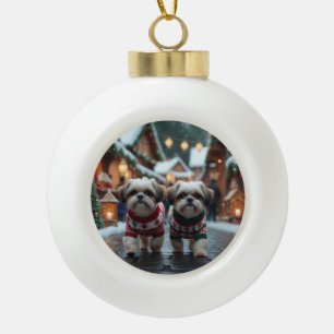 Shih Tzu Hunde Weihnachten Schnee Urlaub Keramik Kugel-Ornament