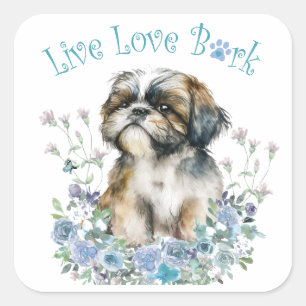 Shih Tzu Hundefrau Blumen Quadratischer Aufkleber