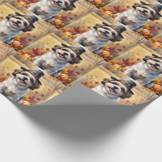 Shih Tzu im Herbst hinterlässt Erntedank Art Geschenkpapier (Ecke)