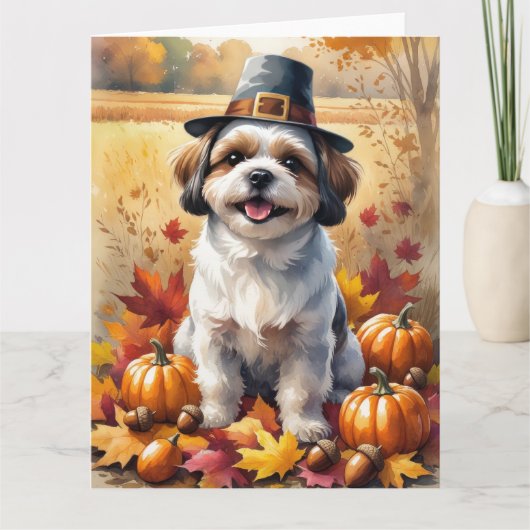 Shih Tzu im Herbst hinterlässt Erntedank Art Karte (Vorderseite)