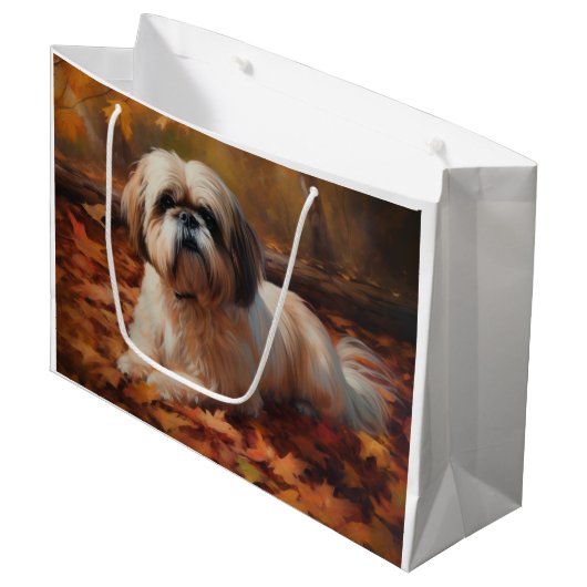 Shih Tzu im Herbst Leaves Fall Inspiriert Große Geschenktüte (Vorderseite Schrägansicht)