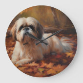 Shih Tzu im Herbst Leaves Fall Inspiriert Große Wanduhr (Vorderseite)