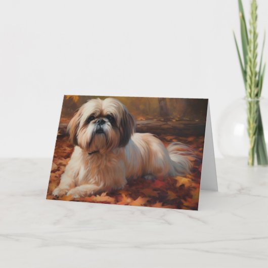 Shih Tzu im Herbst Leaves Fall Inspiriert Karte (Vorderseite)