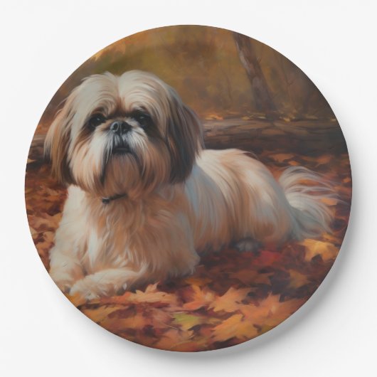 Shih Tzu im Herbst Leaves Fall Inspiriert Pappteller (Vorderseite)