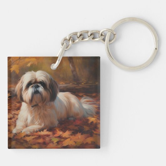 Shih Tzu im Herbst Leaves Fall Inspiriert Schlüsselanhänger (Rückseite)