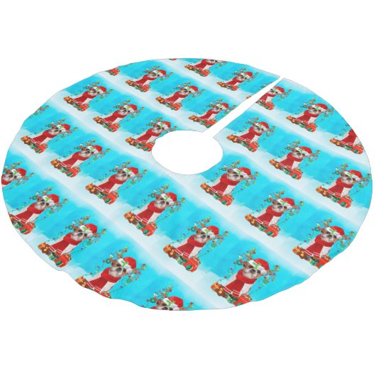 Shih Tzu im Schnee mit Weihnachtsgeschenken Polyester Weihnachtsbaumdecke (Schrägansicht)