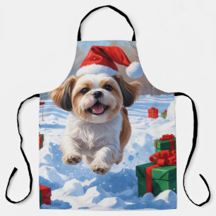 Shih Tzu läuft im Schnee mit Weihnachtsmütze Schürze