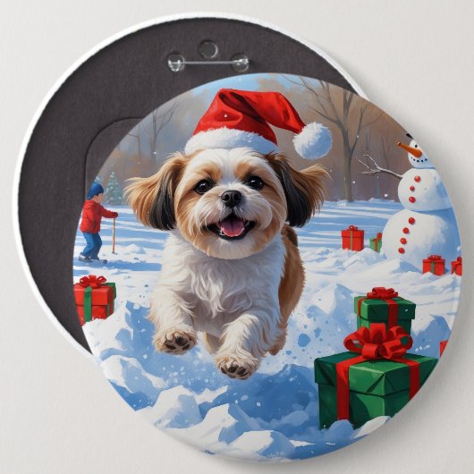 Shih Tzu läuft in Snow mit Weihnachtshut Button (Vorne & Hinten)