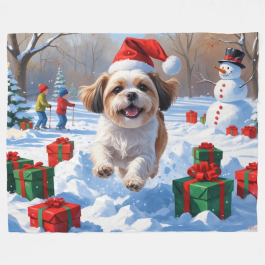 Shih Tzu läuft in Snow mit Weihnachtshut Fleecedecke (Vorderseite (Horizontal))