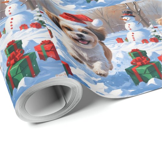 Shih Tzu läuft in Snow mit Weihnachtshut Geschenkpapier (Rolleneckpunkt)