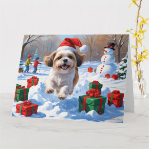 Shih Tzu läuft in Snow mit Weihnachtshut Karte