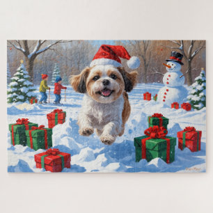 Shih Tzu läuft in Snow mit Weihnachtshut Puzzle