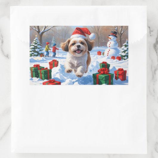 Shih Tzu läuft in Snow mit Weihnachtshut Rechteckiger Aufkleber (Tasche)