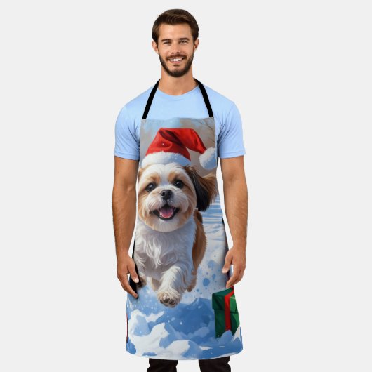 Shih Tzu läuft in Snow mit Weihnachtshut Schürze (Getragen)