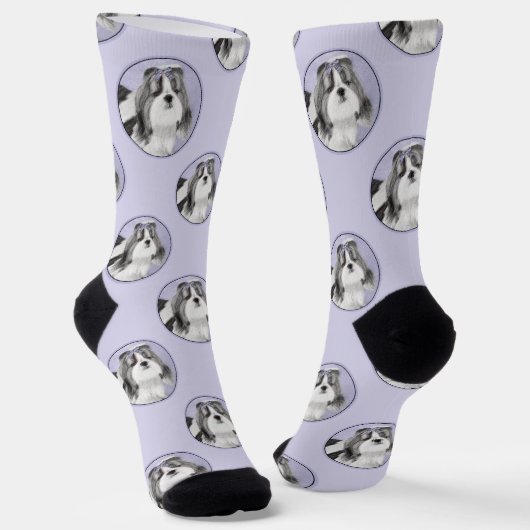 Shih Tzu Malerei Schwarz & Weiß Original Dog Art Socken (Gewinkelt)