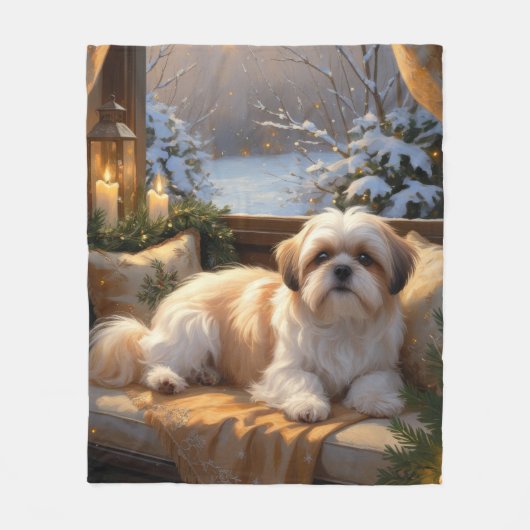 Shih Tzu mit Weihnachtsbeleuchtung Urlaub Fleecedecke (Vorderseite)