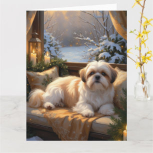 Shih Tzu mit Weihnachtsbeleuchtung Urlaub Karte