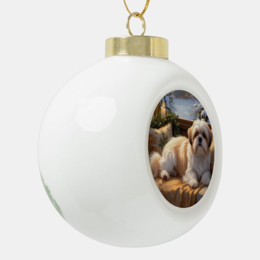 Shih Tzu mit Weihnachtsbeleuchtung Urlaub Keramik Kugel-Ornament (Links)