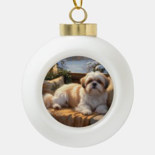 Shih Tzu mit Weihnachtsbeleuchtung Urlaub Keramik Kugel-Ornament