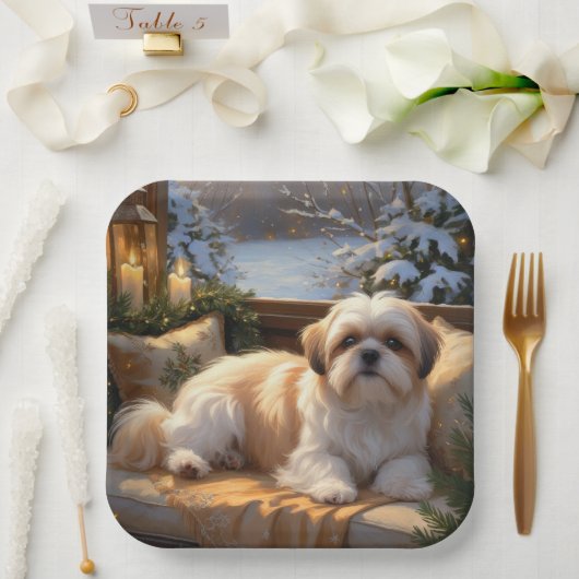 Shih Tzu mit Weihnachtsbeleuchtung Urlaub Pappteller (Hochzeit)