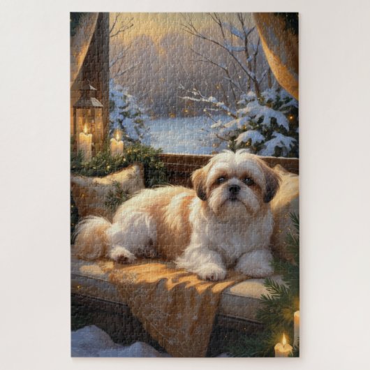 Shih Tzu mit Weihnachtsbeleuchtung Urlaub Puzzle (Vertikal)