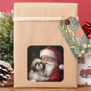 Shih Tzu mit Weihnachtsmann Festives Weihnachten  Quadratischer Aufkleber