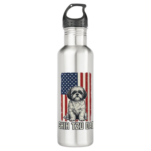 Shih Tzu Papa patriotische Flagge Vintage Hundeshi Edelstahlflasche (Vorderseite)
