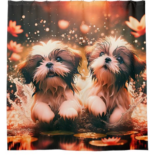 "Shih Tzu Pond Play" Duschvorhang (Vorderseite)