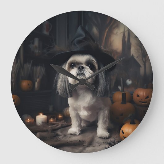 Shih Tzu Pumpkins Halloween Beängstigend Große Wanduhr (Vorderseite)