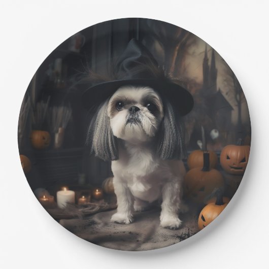 Shih Tzu Pumpkins Halloween Beängstigend Pappteller (Vorderseite)