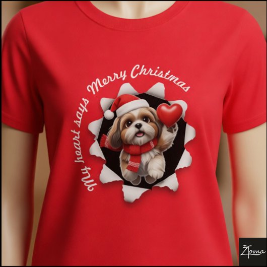 Shih Tzu Puppy Christmas Heart Scarf T-Shirt