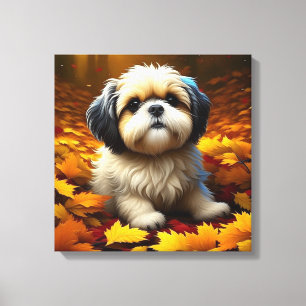 Shih Tzu Puppy Dog Spielen in Herbstlauben Leinwanddruck