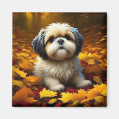 Shih Tzu Puppy Dog Spielen in Herbstlauben Magnet (Vorne)