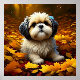 Shih Tzu Puppy Dog Spielen in Herbstlauben Poster