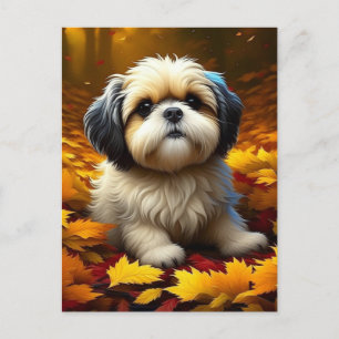 Shih Tzu Puppy Dog Spielen in Herbstlauben Postkarte