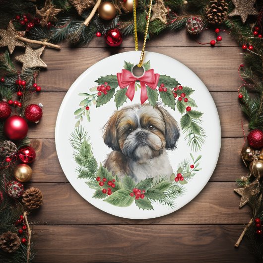 Shih Tzu Red Bow Holly Wreath Keramik Ornament