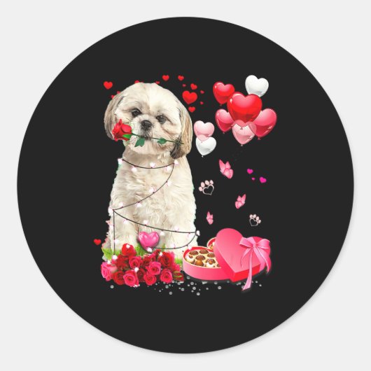 Shih Tzu Rose Heart Happy Valentine Day Dog Mom Runder Aufkleber (Vorderseite)