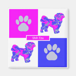 Shih Tzu Silhouette Dog & Paw Pink und Blue Square Magnet
