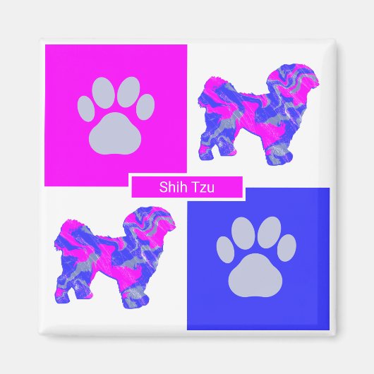 Shih Tzu Silhouette Dog & Paw Pink und Blue Square Magnet (Vorne)