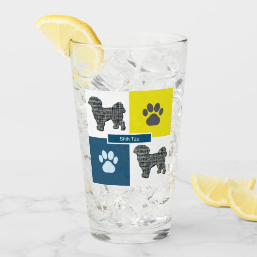 Shih Tzu Silhouette Dog & Paw Y&B Grid Glas (Vorderseite Ice)