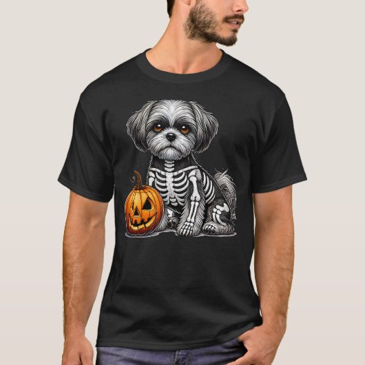 Shih Tzu Skeleton Jack O Lantern Funny Dog Hallowe T-Shirt (Vorderseite)