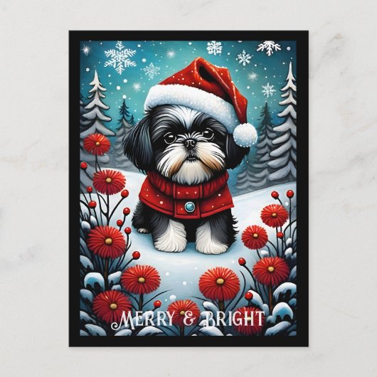 Shih Tzu Snowy Blume Meadow Santa Dog Weihnachten Postkarte (Vorderseite)