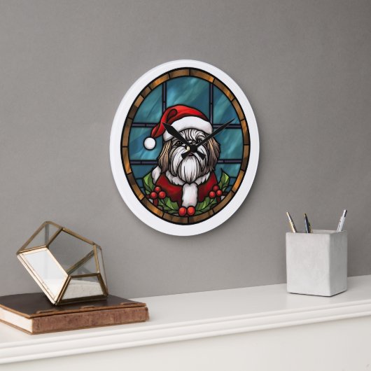 Shih Tzu Stached Glass Christmas Große Wanduhr (Büro)