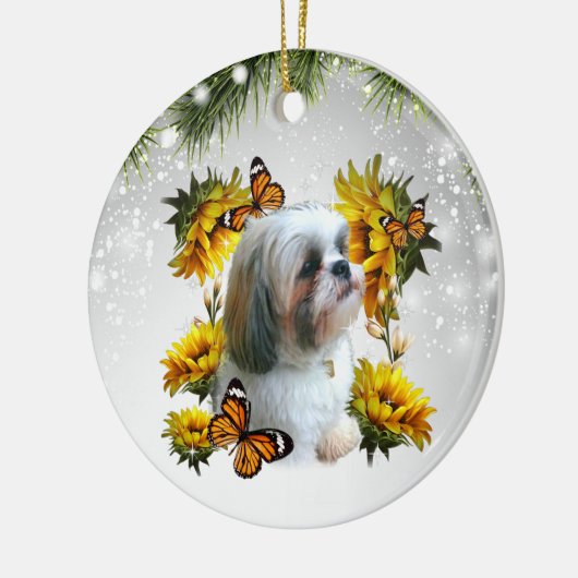 Shih Tzu Sunflower Butterfly Gedenkpfeife druckt Keramik Ornament (Links)